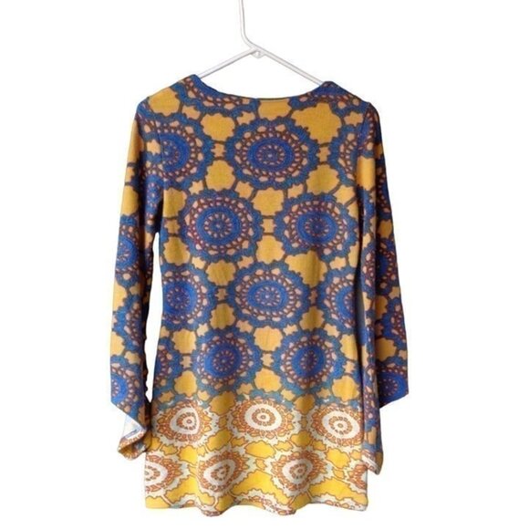 Aryeh Yellow Blue Geometric Print Sweater Tunic Dress Bell Sleeves Sz S Boho - Picture 5 of 5